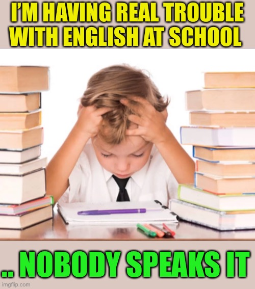 Maybe an exaggeration but .. | I’M HAVING REAL TROUBLE WITH ENGLISH AT SCHOOL; .. NOBODY SPEAKS IT | image tagged in kid homework stress studying,diversity,language barrier,english muthafuka do you speak it,dark humour | made w/ Imgflip meme maker