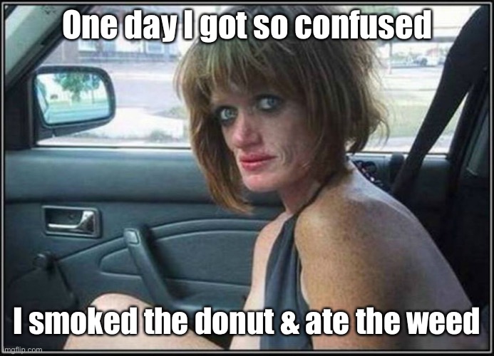 Ugly meth heroin addict Prostitute hoe in car | One day I got so confused I smoked the donut & ate the weed | image tagged in ugly meth heroin addict prostitute hoe in car | made w/ Imgflip meme maker