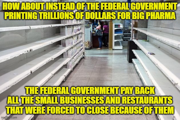 Store shelves | HOW ABOUT INSTEAD OF THE FEDERAL GOVERNMENT PRINTING TRILLIONS OF DOLLARS FOR BIG PHARMA; THE FEDERAL GOVERNMENT PAY BACK ALL THE SMALL BUSINESSES AND RESTAURANTS THAT WERE FORCED TO CLOSE BECAUSE OF THEM | image tagged in store shelves | made w/ Imgflip meme maker