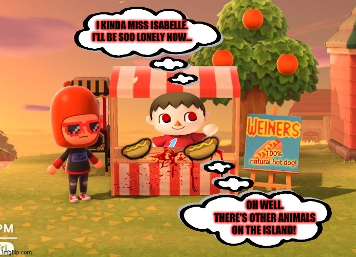 Hot dog stand! | 100% natural hot dog! | image tagged in animal crossing,cursed,mayor,hotdogs,isabelle | made w/ Imgflip meme maker