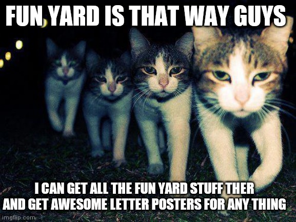 FUN YARD | FUN YARD IS THAT WAY GUYS; I CAN GET ALL THE FUN YARD STUFF THER AND GET AWESOME LETTER POSTERS FOR ANY THING | image tagged in fun stuff | made w/ Imgflip meme maker