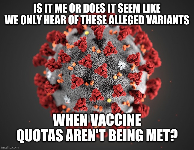 It makes me wonder. Also as I and others have said this corona stuff is not even about health. | IS IT ME OR DOES IT SEEM LIKE WE ONLY HEAR OF THESE ALLEGED VARIANTS; WHEN VACCINE QUOTAS AREN'T BEING MET? | image tagged in coronavirus,covidiots,government,mainstream media,flu,hysteria | made w/ Imgflip meme maker