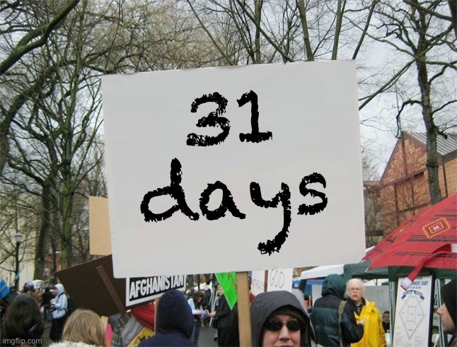 31 days until we’re either fully out of Afghanistan, or Trump is our next President, or something along those lines | 31 days | image tagged in blank protest sign,mike lindell,31 days,conspiracy theory,conspiracy theories,afghanistan | made w/ Imgflip meme maker