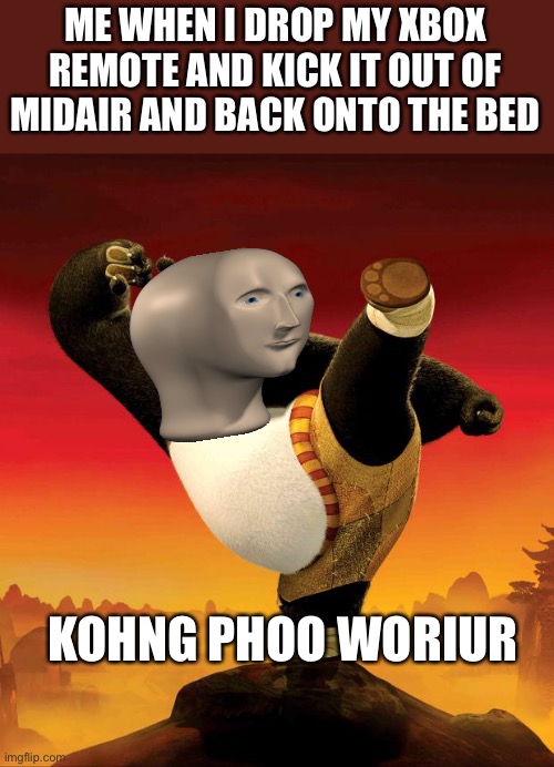 kung fu panda | ME WHEN I DROP MY XBOX REMOTE AND KICK IT OUT OF MIDAIR AND BACK ONTO THE BED; KOHNG PHOO WORIUR | image tagged in kung fu panda | made w/ Imgflip meme maker