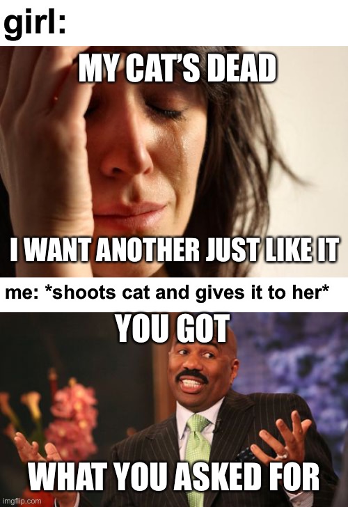 be careful what you wish for | girl:; MY CAT’S DEAD; I WANT ANOTHER JUST LIKE IT; me: *shoots cat and gives it to her*; YOU GOT; WHAT YOU ASKED FOR | image tagged in first world problems,steve harvey,heres a little lesson in trickery,dark humor,cats,oof size large | made w/ Imgflip meme maker