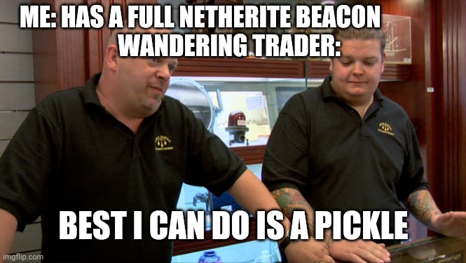 Pawn Stars Best I Can Do | ME: HAS A FULL NETHERITE BEACON            

WANDERING TRADER:; BEST I CAN DO IS A PICKLE | image tagged in pawn stars best i can do | made w/ Imgflip meme maker