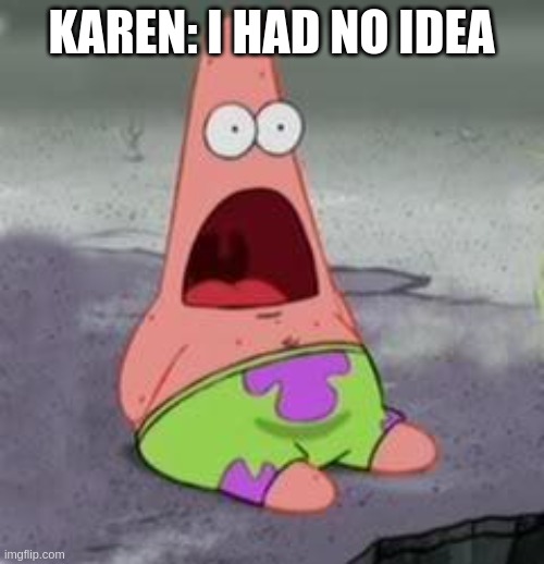 Suprised Patrick | KAREN: I HAD NO IDEA | image tagged in suprised patrick | made w/ Imgflip meme maker