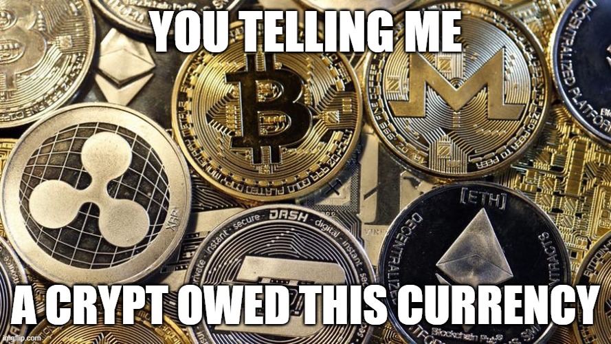 you tellin me | YOU TELLING ME; A CRYPT OWED THIS CURRENCY | image tagged in cryptocurrency,crypto,cryptography,shrimp,bitcoin,ethereum | made w/ Imgflip meme maker