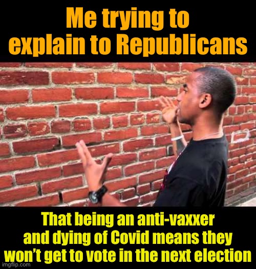they dont let dead republicans vote only dead dems so cmon get the dang vaxx we need every patriot!! | Me trying to explain to Republicans; That being an anti-vaxxer and dying of Covid means they won’t get to vote in the next election | image tagged in brick wall guy,patriots,patriot,patriotism,vaccines,patriots love vaccines | made w/ Imgflip meme maker