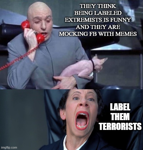 Dr Evil and Frau | THEY THINK BEING LABELED EXTREMISTS IS FUNNY AND THEY ARE MOCKING FB WITH MEMES; LABEL THEM TERRORISTS | image tagged in dr evil and frau,facebook jail,funny | made w/ Imgflip meme maker