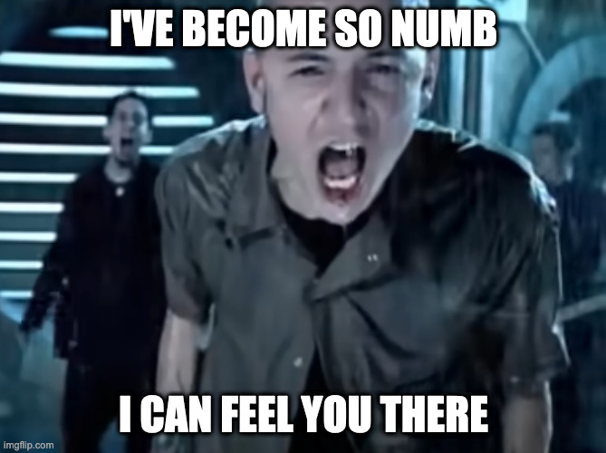 numb by linkin park | I'VE BECOME SO NUMB; I CAN FEEL YOU THERE | image tagged in it doesn't matter | made w/ Imgflip meme maker