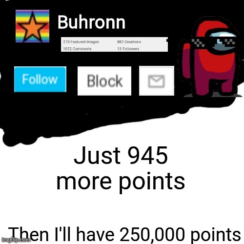 Buhronn. announcement template | Just 945 more points; Then I'll have 250,000 points | image tagged in buhronn announcement template | made w/ Imgflip meme maker