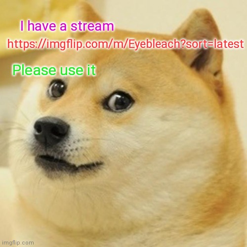 Post to the stream | https://imgflip.com/m/Eyebleach?sort=latest; I have a stream; Please use it | image tagged in memes,doge | made w/ Imgflip meme maker