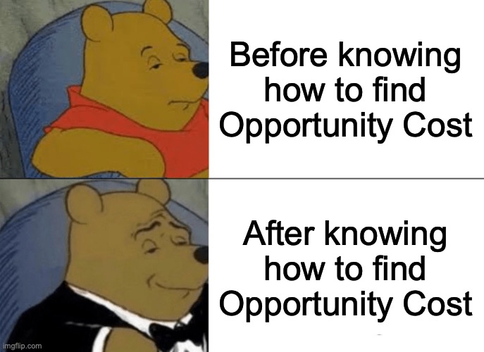 Tuxedo Winnie The Pooh | Before knowing how to find Opportunity Cost; After knowing how to find Opportunity Cost | image tagged in memes,tuxedo winnie the pooh | made w/ Imgflip meme maker