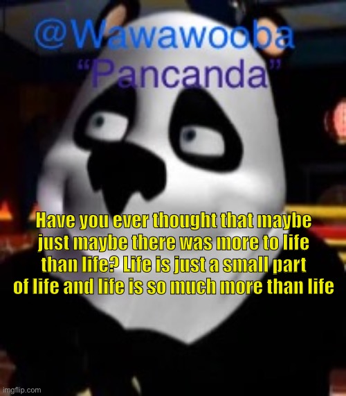 You know? | Have you ever thought that maybe just maybe there was more to life than life? Life is just a small part of life and life is so much more than life | image tagged in wawa s pancanda template | made w/ Imgflip meme maker