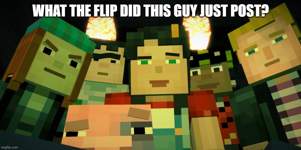 Minecraft Story Mode Image 4 | WHAT THE FLIP DID THIS GUY JUST POST? | image tagged in minecraft story mode image 4 | made w/ Imgflip meme maker