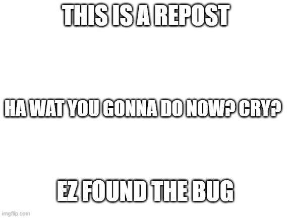 Blank White Template |  THIS IS A REPOST; HA WAT YOU GONNA DO NOW? CRY? EZ FOUND THE BUG | image tagged in blank white template,bug,repost,cry | made w/ Imgflip meme maker