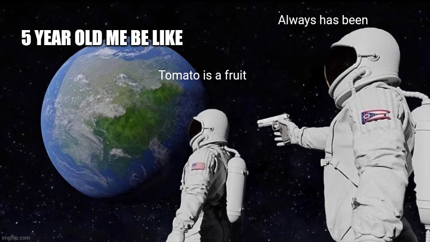 Always Has Been | Always has been; 5 YEAR OLD ME BE LIKE; Tomato is a fruit | image tagged in memes,always has been | made w/ Imgflip meme maker