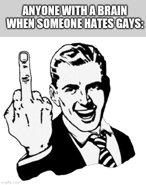 Protect the gays | ANYONE WITH A BRAIN WHEN SOMEONE HATES GAYS: | image tagged in memes,1950s middle finger,gay pride | made w/ Imgflip meme maker