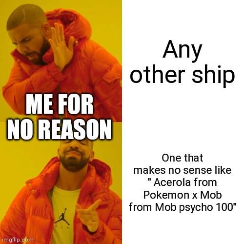 I'm either stupid or a dumbbutt | Any other ship; ME FOR NO REASON; One that makes no sense like " Acerola from Pokemon x Mob from Mob psycho 100" | image tagged in memes,drake hotline bling | made w/ Imgflip meme maker