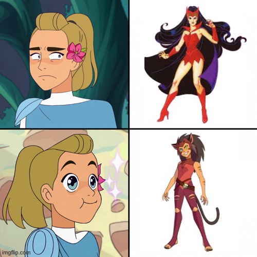 Day28 of making memes from photos of characters I love until I love myself | image tagged in she-ra,catra,adora | made w/ Imgflip meme maker