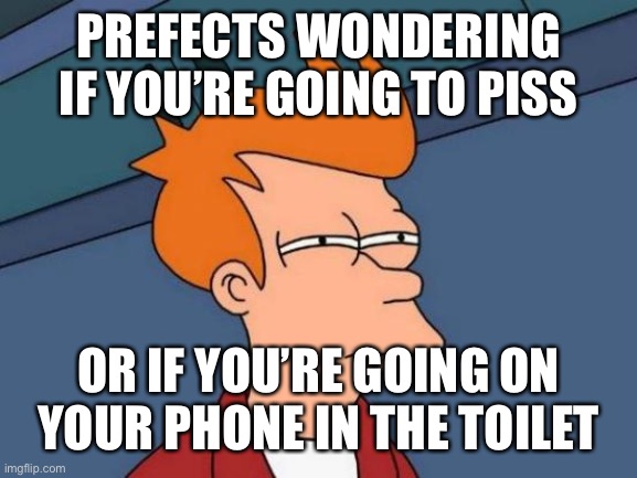 when the prefect is being cor unum via una | PREFECTS WONDERING IF YOU’RE GOING TO PISS; OR IF YOU’RE GOING ON YOUR PHONE IN THE TOILET | image tagged in memes,futurama fry | made w/ Imgflip meme maker