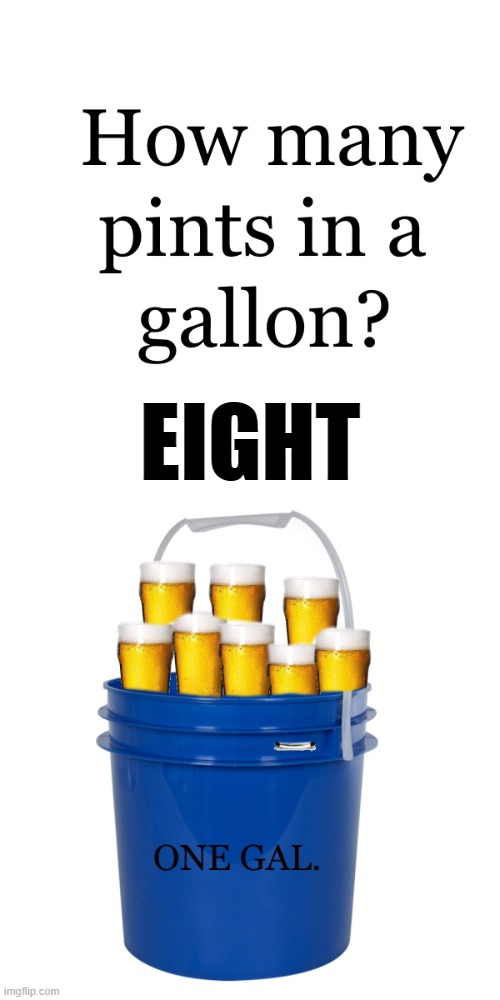 how many pints in a gallon? | EIGHT | image tagged in pints in a gallon,beer | made w/ Imgflip meme maker