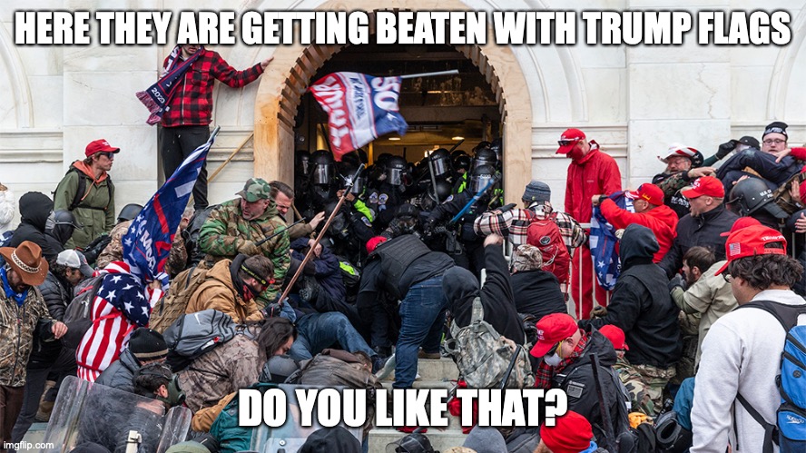 Trump Cult Insurrection Riot | HERE THEY ARE GETTING BEATEN WITH TRUMP FLAGS; DO YOU LIKE THAT? | image tagged in trump cult insurrection riot | made w/ Imgflip meme maker