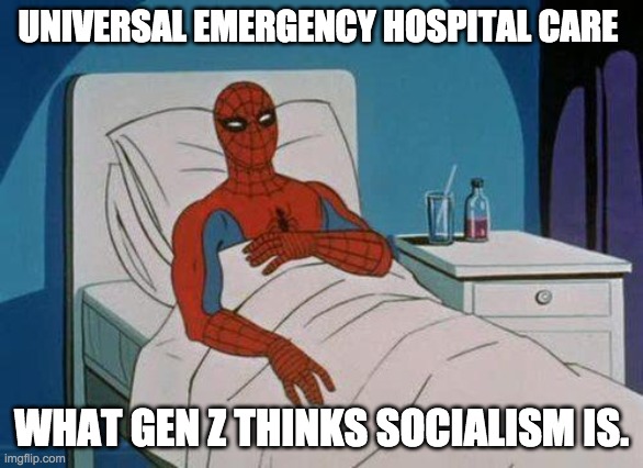 Spiderman Hospital Meme | UNIVERSAL EMERGENCY HOSPITAL CARE; WHAT GEN Z THINKS SOCIALISM IS. | image tagged in memes,spiderman hospital,spiderman | made w/ Imgflip meme maker