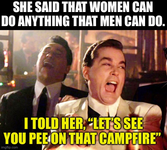 Women can do anything? | SHE SAID THAT WOMEN CAN DO ANYTHING THAT MEN CAN DO. I TOLD HER, “LET’S SEE YOU PEE ON THAT CAMPFIRE” | image tagged in memes,good fellas hilarious | made w/ Imgflip meme maker