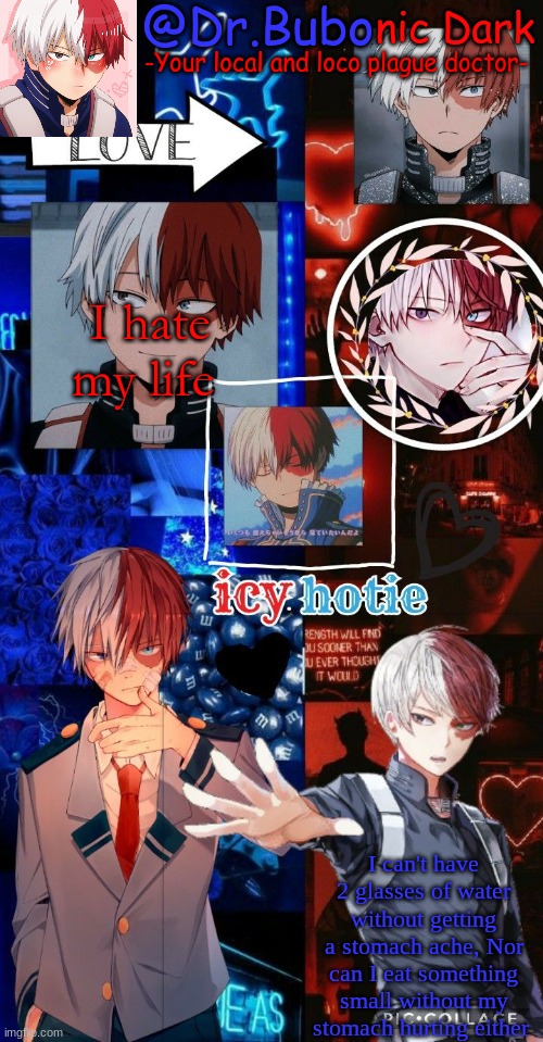 I hate my life; I can't have 2 glasses of water without getting a stomach ache, Nor can I eat something small without my stomach hurting either | image tagged in holy god another todoroki temp | made w/ Imgflip meme maker