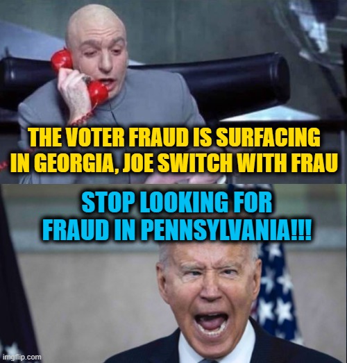 Frau, You're Dismissed | THE VOTER FRAUD IS SURFACING IN GEORGIA, JOE SWITCH WITH FRAU; STOP LOOKING FOR FRAUD IN PENNSYLVANIA!!! | image tagged in dr evil and joe | made w/ Imgflip meme maker