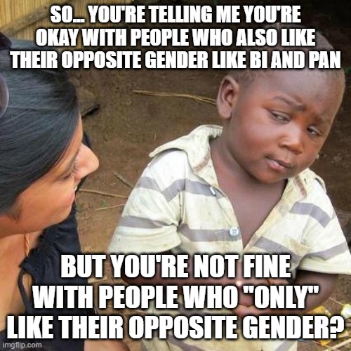 Just found out that a new straight mod isn't being respected like everyone else, What the hell? | SO... YOU'RE TELLING ME YOU'RE OKAY WITH PEOPLE WHO ALSO LIKE THEIR OPPOSITE GENDER LIKE BI AND PAN; BUT YOU'RE NOT FINE WITH PEOPLE WHO "ONLY" LIKE THEIR OPPOSITE GENDER? | image tagged in memes,third world skeptical kid,straight,ally,lgbt,mods | made w/ Imgflip meme maker