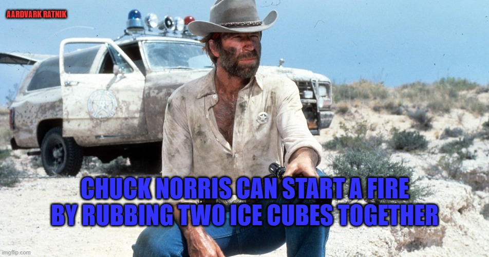Chuck Norris Ice Cubes | AARDVARK RATNIK; CHUCK NORRIS CAN START A FIRE BY RUBBING TWO ICE CUBES TOGETHER | image tagged in chuck norris texas heat,chuck norris approves,funny memes,texas,america | made w/ Imgflip meme maker