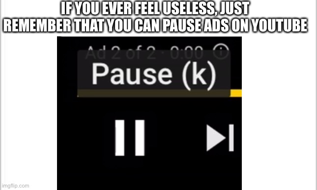 USELESS USELESS USELESS USELESS USELESS USELESS USELESS USELESS USELESS | IF YOU EVER FEEL USELESS, JUST REMEMBER THAT YOU CAN PAUSE ADS ON YOUTUBE | image tagged in funny | made w/ Imgflip meme maker