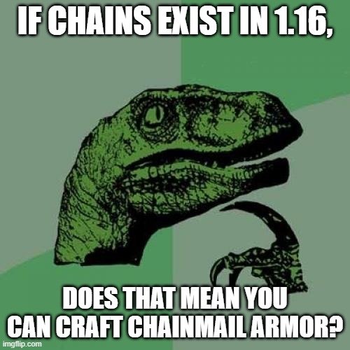 Is it possible? | IF CHAINS EXIST IN 1.16, DOES THAT MEAN YOU CAN CRAFT CHAINMAIL ARMOR? | image tagged in memes,philosoraptor | made w/ Imgflip meme maker