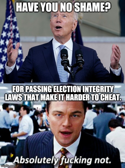 No shame for making it harder to cheat. | HAVE YOU NO SHAME? FOR PASSING ELECTION INTEGRITY LAWS THAT MAKE IT HARDER TO CHEAT. | image tagged in memes | made w/ Imgflip meme maker