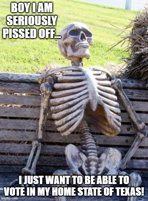 Should Move to Illinois | BOY I AM SERIOUSLY PISSED OFF... I JUST WANT TO BE ABLE TO VOTE IN MY HOME STATE OF TEXAS! | image tagged in memes,waiting skeleton | made w/ Imgflip meme maker