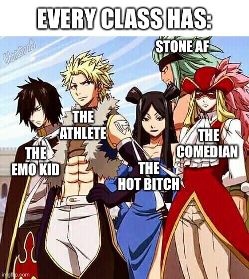Sabertooth Guild Class - Fairy Tail Meme | EVERY CLASS HAS:; STONE AF; THE ATHLETE; THE HOT BITCH; THE COMEDIAN; THE EMO KID | image tagged in memes,fairy tail,sabertooth,fairy tail meme,anime meme,school | made w/ Imgflip meme maker
