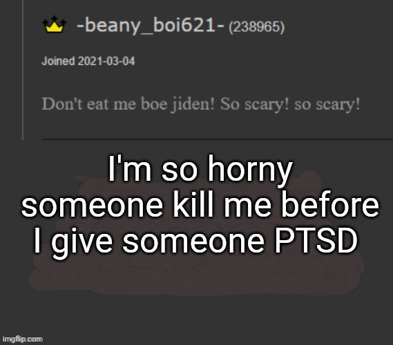 beany | I'm so horny someone kill me before I give someone PTSD | image tagged in beany | made w/ Imgflip meme maker
