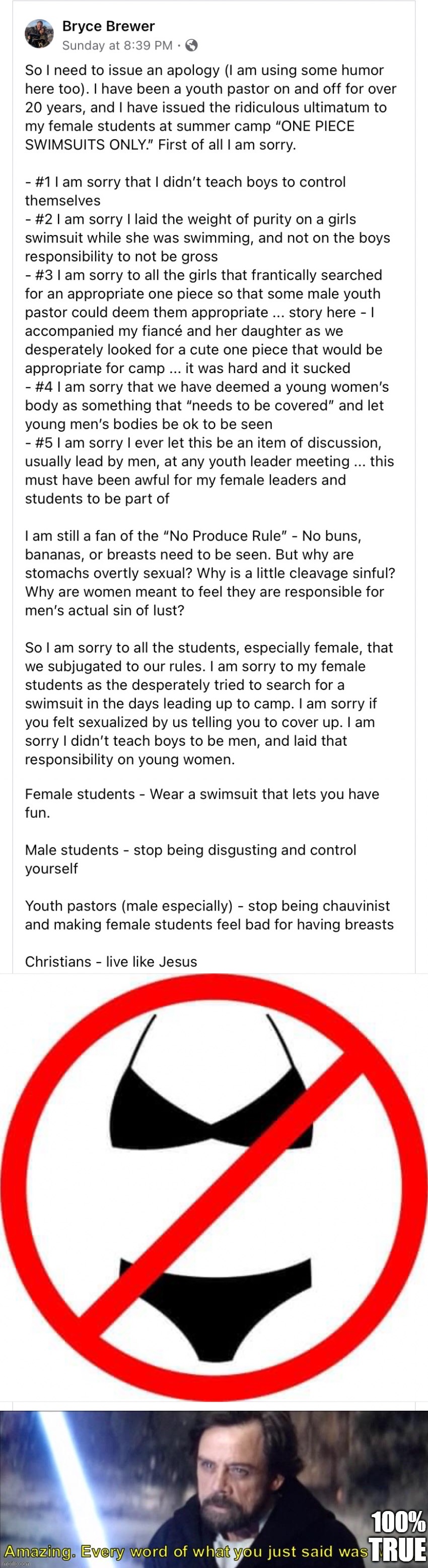 A pastor has an awakening — and uses his position to fight sexism. | image tagged in pastor bans bikinis,no bikinis,every word of what you just said was 100 true,sexism,bikini,pastor | made w/ Imgflip meme maker