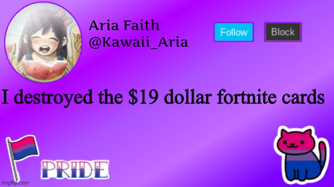 Aria's bi temp (thanks Lily) | I destroyed the $19 dollar fortnite cards | image tagged in aria's bi temp thanks lily | made w/ Imgflip meme maker