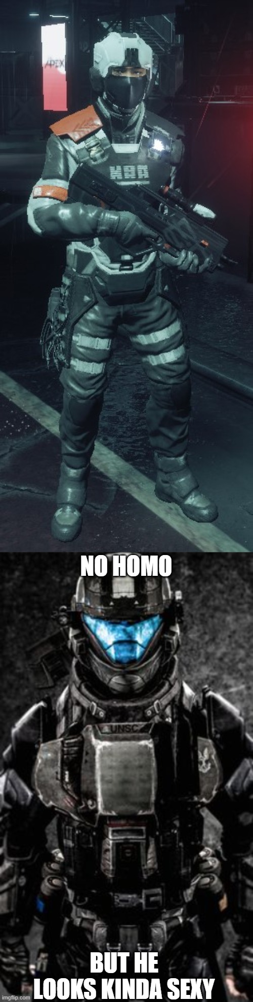 NO HOMO; BUT HE LOOKS KINDA SEXY | image tagged in kpa soldier,odst | made w/ Imgflip meme maker