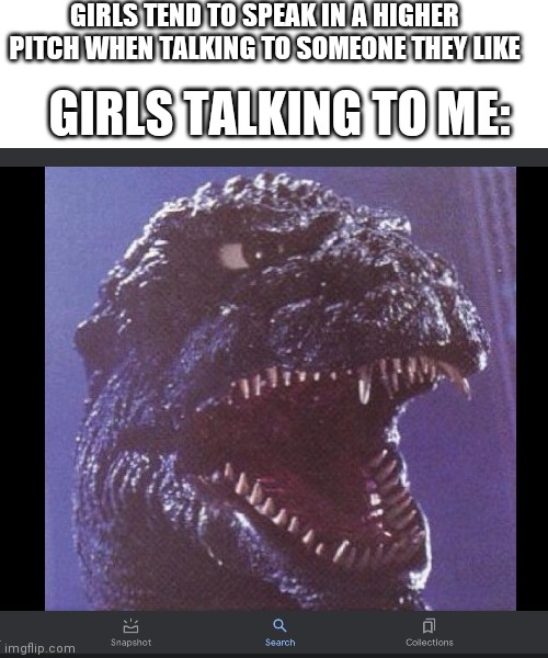 Heisei Godzilla's roar is extremely deep and has a grinding sound to it | GIRLS TEND TO SPEAK IN A HIGHER PITCH WHEN TALKING TO SOMEONE THEY LIKE; GIRLS TALKING TO ME: | image tagged in white background,godzilla | made w/ Imgflip meme maker