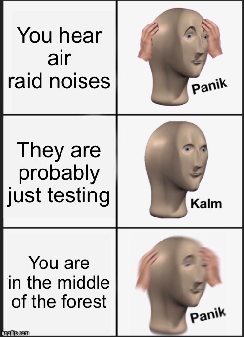 Panik Kalm Panik | You hear air raid noises; They are probably just testing; You are in the middle of the forest | image tagged in memes,panik kalm panik | made w/ Imgflip meme maker