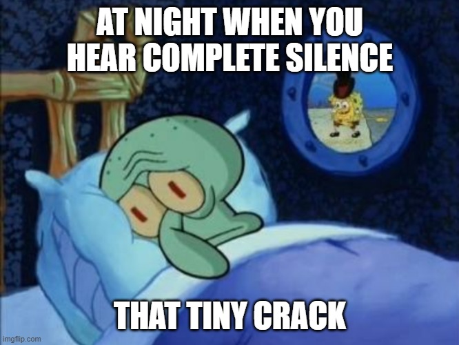 scared squidward | AT NIGHT WHEN YOU HEAR COMPLETE SILENCE; THAT TINY CRACK | image tagged in scared squidward | made w/ Imgflip meme maker