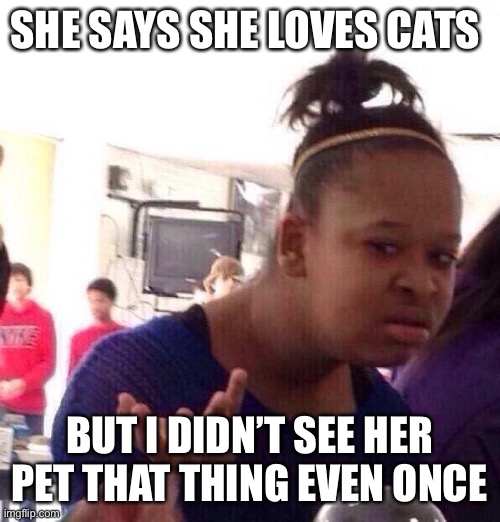 Black Girl Wat Meme | SHE SAYS SHE LOVES CATS BUT I DIDN’T SEE HER PET THAT THING EVEN ONCE | image tagged in memes,black girl wat | made w/ Imgflip meme maker