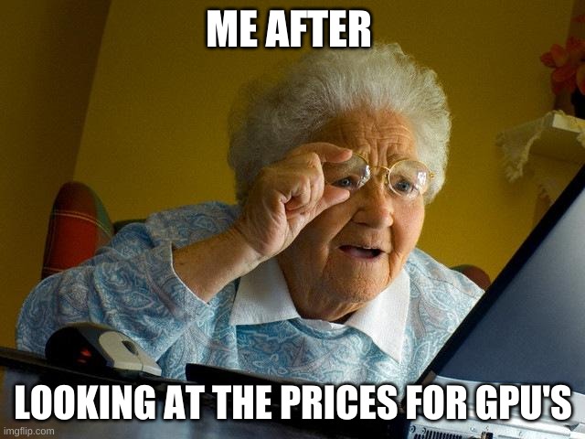 HOLY SHEESH | ME AFTER; LOOKING AT THE PRICES FOR GPU'S | image tagged in memes,grandma finds the internet | made w/ Imgflip meme maker