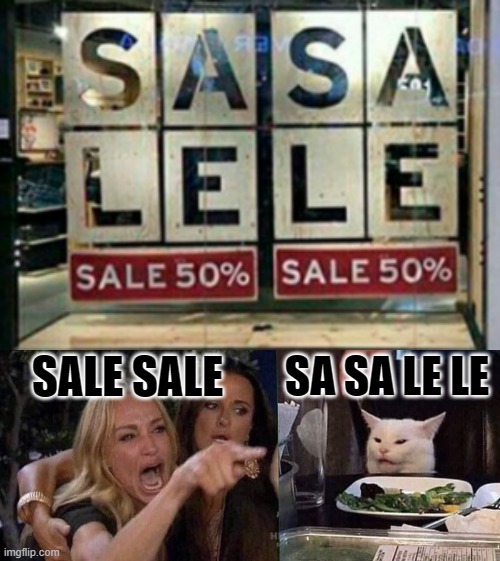 SA SA LE LE; SALE SALE | image tagged in woman yelling at cat | made w/ Imgflip meme maker