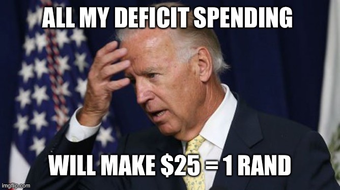 Joe Biden worries | ALL MY DEFICIT SPENDING WILL MAKE $25 = 1 RAND | image tagged in joe biden worries | made w/ Imgflip meme maker